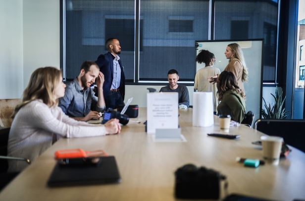 A diverse group of professionals discussing around a conference table in a meeting room.