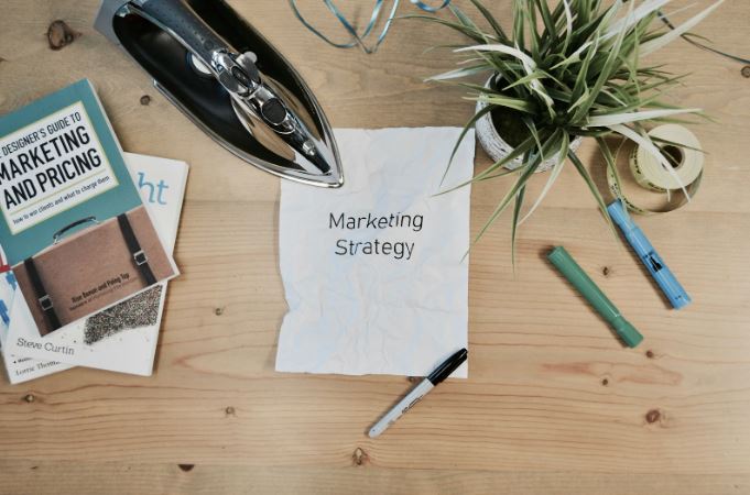 
Desk showing a marketing strategy in progress.