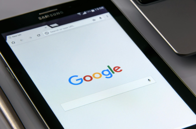 Google search page open on a Samsung tablet, symbolizing the starting point for tracking and optimizing paid advertising ROI with Google Ads tools.