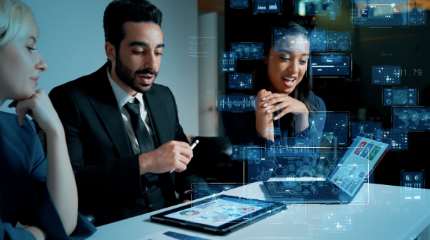 Business team using AI analytics tools to craft quotable and structured content