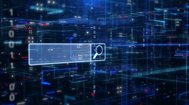 Digital search bar over a futuristic data network, representing how Google AI Overviews gather and generate information from multiple sources.