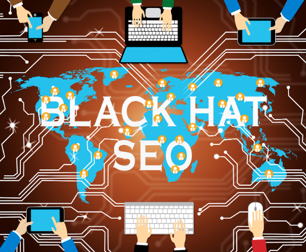 Illustration showing black hat SEO techniques and global search engine manipulation