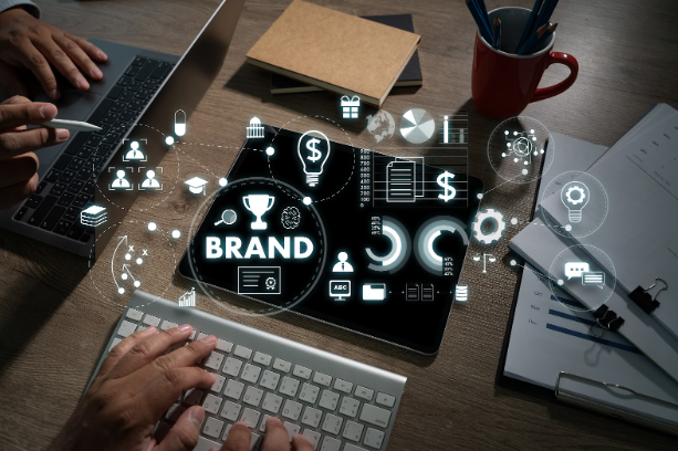 Digital branding and online marketing strategy illustrated through icons representing brand identity, content, analytics, and growth